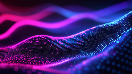 Glowing abstract wave with purple and pink particles on dark background, futuristic tech motion