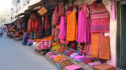 Colorful market stalls with vibrant fabrics