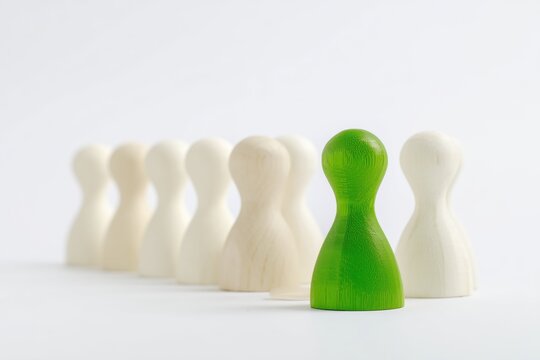 A vibrant green pawn leads a line of pale wooden figures symbolizing individuality, leadership, and standing out from the crowd.