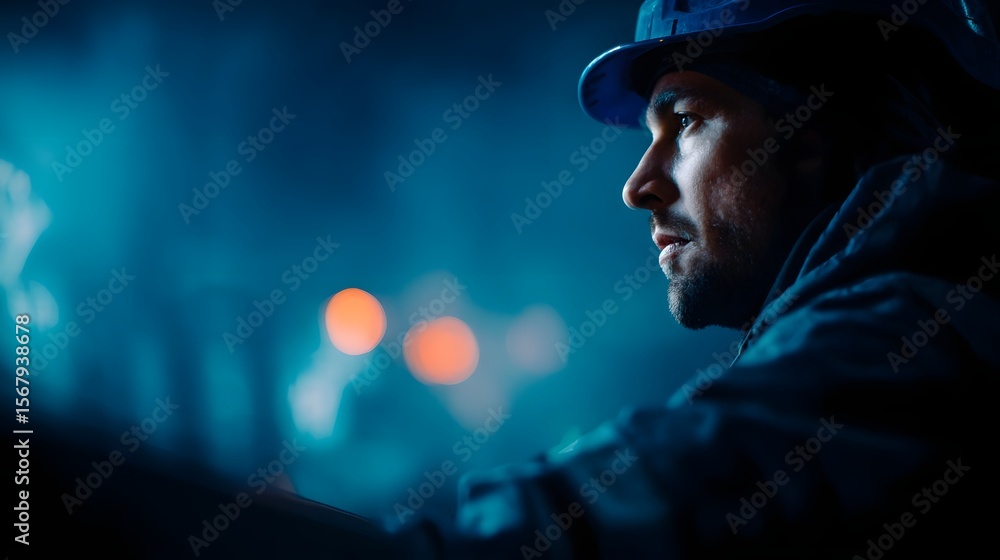 Poster a worker monitoring production stats on a backlit screen with a sharp focus