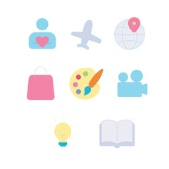 Icons representing various activities and interests for travel, creativity, learning, and shopping