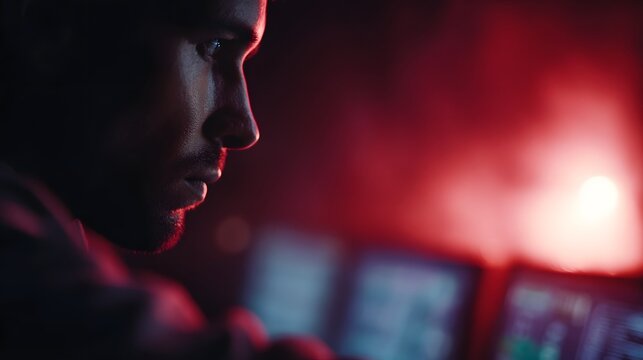 A worker monitoring production statistics on a backlit screen