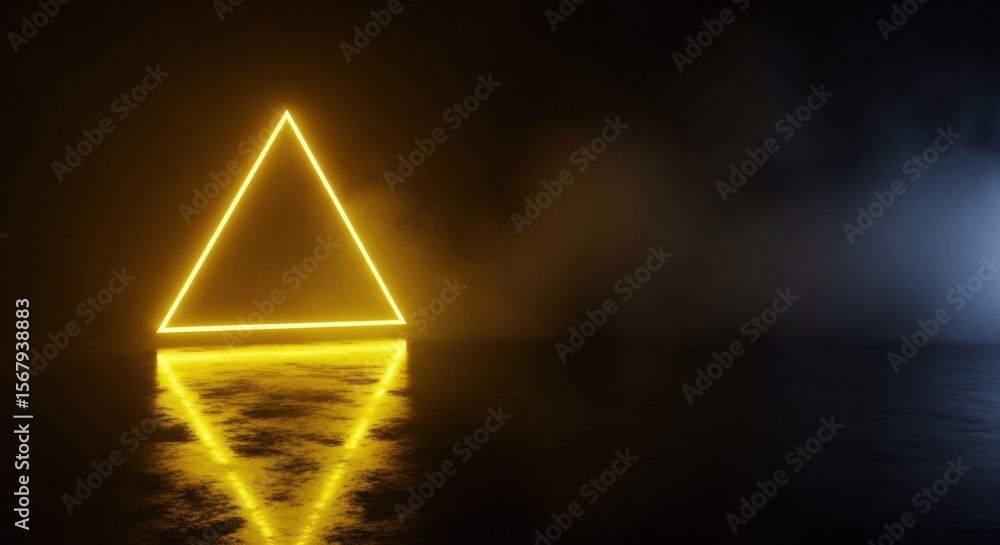 Poster yellow glowing neon triangle on a dark smoky background with reflection. abstract geometric shape fo