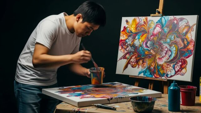 Asian Artist Creates Abstract Fluid Art on Canvas in Studio with Dramatic Lighting White T-Shirt and Jeans on a Brown Table Against Dark Background