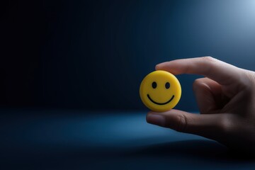 Human hand presents a bright yellow smiley face against a dark blue gradient backdrop, symbolizing joy and positive emotions.