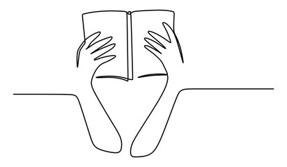continuous line art of someone reading a book. vector illustration of a hand holding a book. learning concept