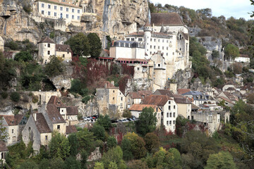 Historic buildings of Rocamadour perched on cliffs, Occitan, France