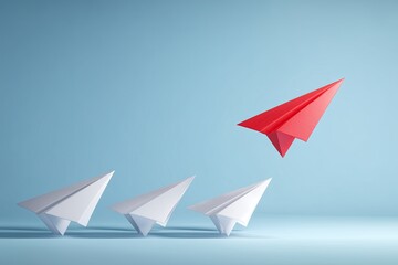 Naklejka premium Red paper airplane leads a group of white planes, representing leadership and unique business approaches.