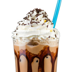 Frosty coffee adorned with whipped cream in a plastic cup, isolated on a white background