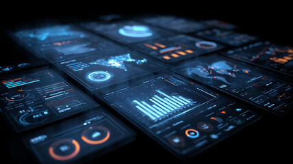 Futuristic digital dashboards with data analytics, charts and global UI panels in dark interface