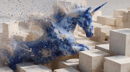 Blue unicorn particle disintegration digital illustration