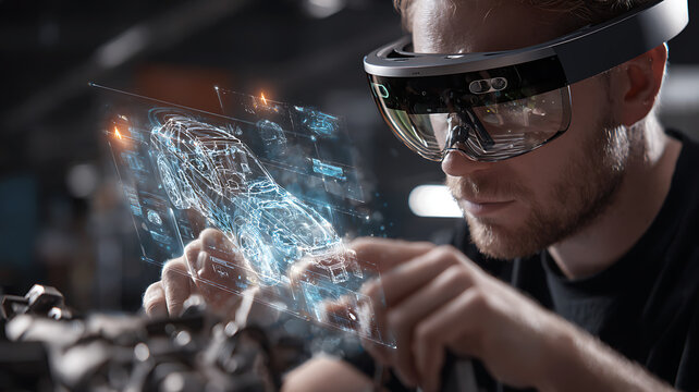 Engineer using AR smart headset to interact with holographic interface in high-tech workshop lab