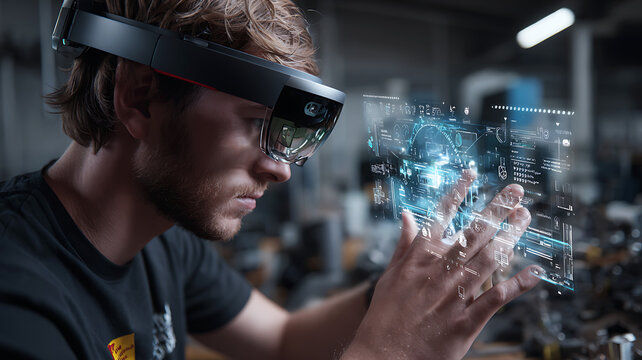 Engineer using AR smart headset to interact with holographic interface in high-tech workshop lab