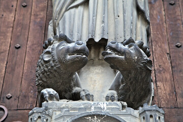 Detail of lion sculptures at Notre-Dame de Chartres Cathedral in France