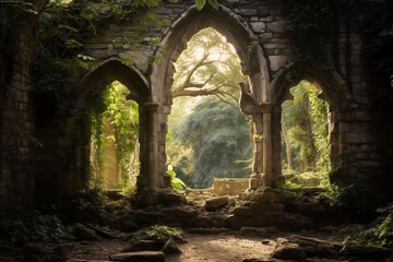 Obraz premium A sunlit Gothic arched window in a murky stone ruin.