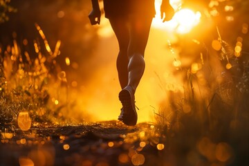 Faceless person jogging on a trail at sunrise, wearing sportswear.