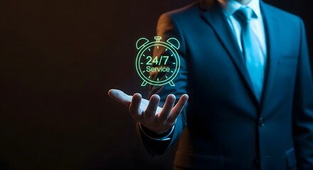 Man in suit holding holographic 24/7 support service clock with glowing green text.