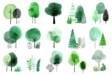 The illustration features a set of watercolor trees and grass from a top view, isolated against a white backdrop, making it suitable for incorporating into plans for landscapes and architectural