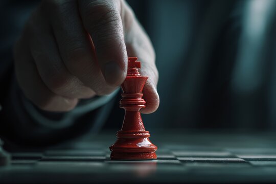 In a display of strategic leadership, the red queen is carefully placed on the chessboard, teammates looking on from the background, as the focus remains on developing and implementing effective