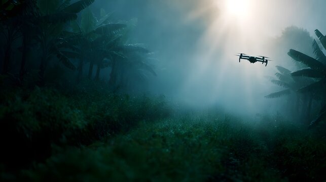 Drone spraying eco friendly pesticide in a misty banana plantation