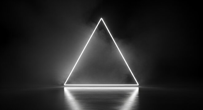 Neon shining bright white triangle geometric shape in smoke on dark background for futuristic design - Powered by Adobe