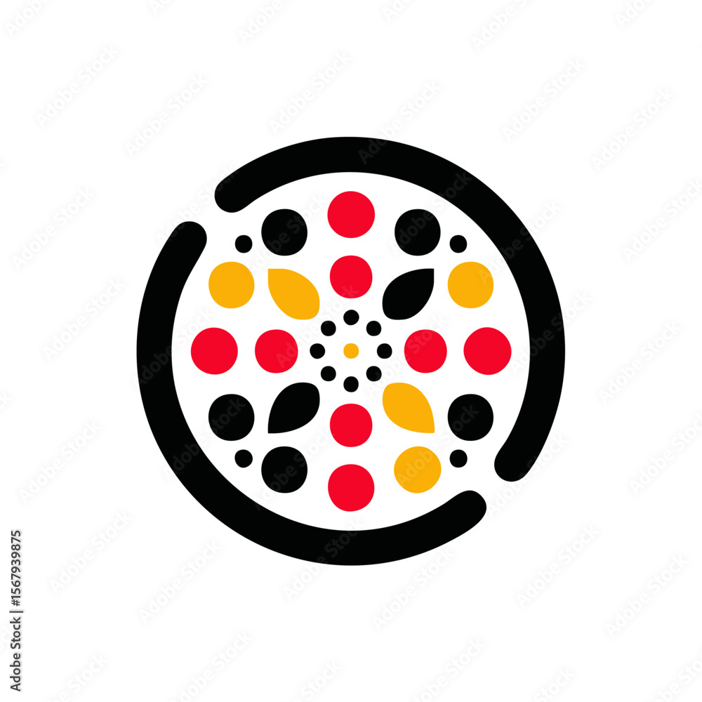 Poster abstract geometric circle design with dots and shapes in red yellow and black color palette art