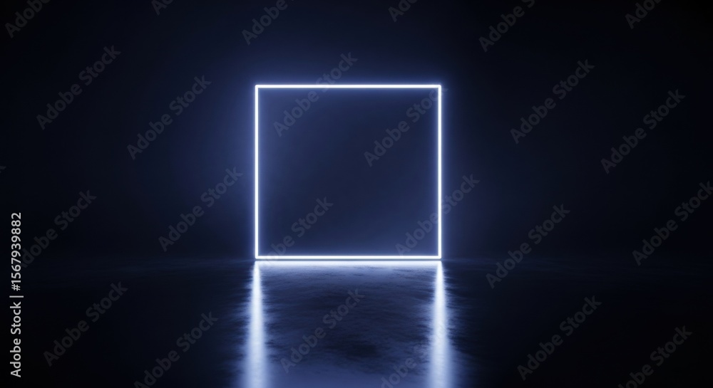 Poster neon glowing square form in dark room on wet floor with reflection. abstract geometric shape. futuri