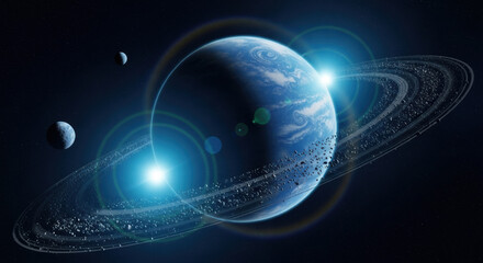 Fototapeta premium A blue planet with rings and two moons in a dark space with bright light and stars in the background