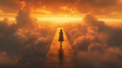 Girl walking on a bridge over the clouds at sunset