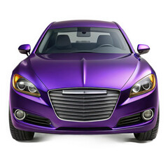 Sleek purple sedan front view with chrome grille isolated on white background