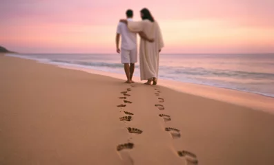 Jesus Walking Along the Beach with a Friend at Sunset © ana