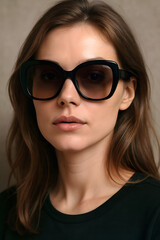 Naklejka premium close-up of a young woman looking ahead wearing a pair of modern, fashionable, large black- framed glasses