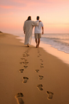 Footsteps in the Sand with Jesus Offering Guidance and Friendship