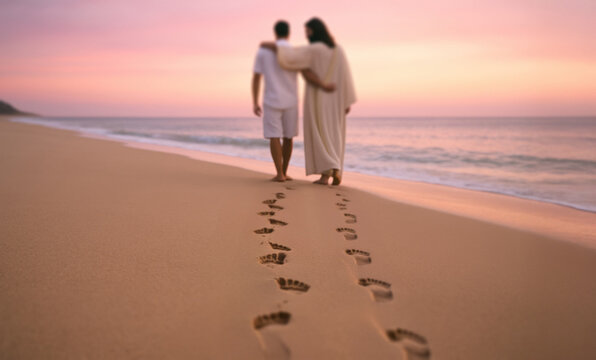 Jesus Walking Along the Beach with a Friend at Sunset