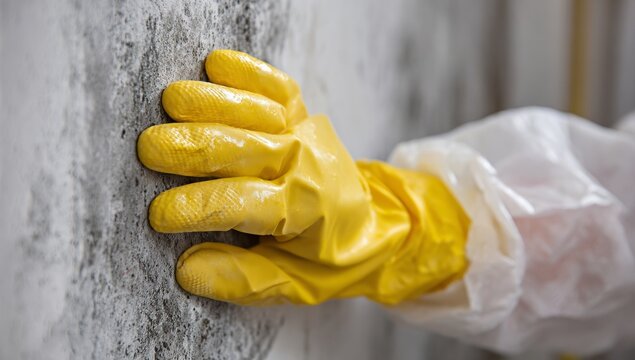 The specialist, who is an expert in protective gear, inspects the growth of black mold on the wall and assesses the resulting damage, with particular attention to the risks posed by dampness,