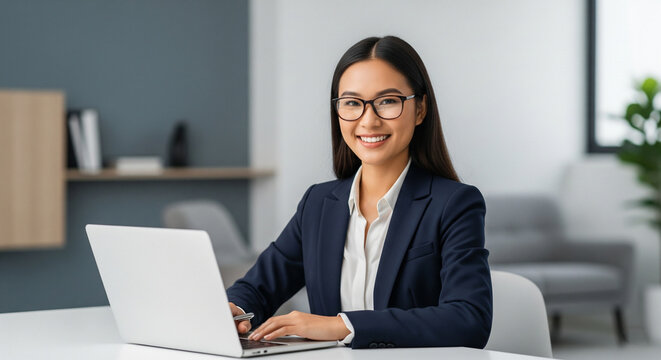 Smiling Asian businesswoman wearing glasses and working on a laptop in a modern office - Powered by Adobe