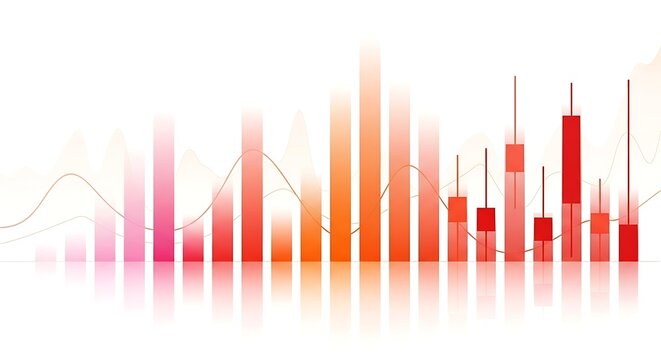 Crimson and blush columns rise like flames above a glassy plane reflecting gains against a backdrop of pale economic