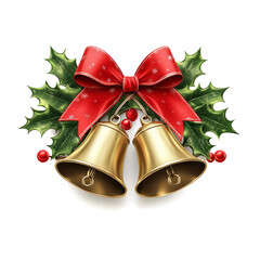  Christmas bells with a red bow and holly leaves on a transparent background, 
