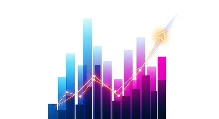Ascending bar graph of blue and magenta hues orange line soaring upward hinting financial success on a bright white