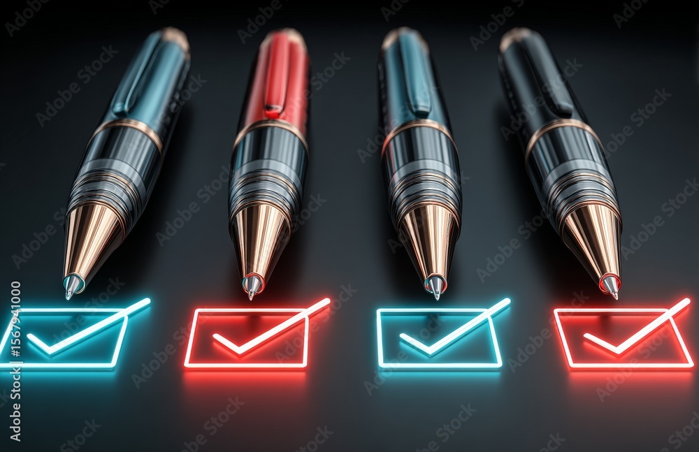 Poster futuristic online survey form in digital style with answer options, where a pen checks a checkbox bu