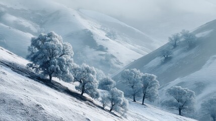 Frozen trees on a snowy hillside winter landscape