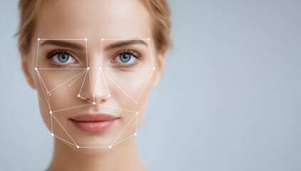 The face of a young woman is displayed with an overlay for digital skin analysis, embodying the concept of a modern dermatology clinic that utilizes advanced technology for precise diagnostics in