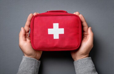 The red first aid kit bag with a white cross is being held by a woman, symbolizing medical emergency help equipment for healthcare and treatment