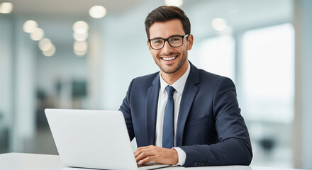 Smiling businessman wearing glasses and working on a laptop in a bright modern office