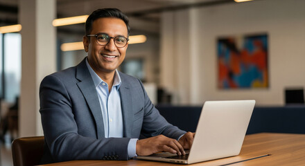Smiling Indian businessman wearing glasses and working on a laptop in a modern office