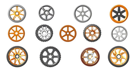 Set of wheels, Collection of wheels, Car wheels set, Wheel icons, Tire set, Wheels assortment, Spoked wheels, Alloy wheels set, Bicycle wheels, Truck wheels set, Vehicle wheels, Wheel pack, Rolling wh
