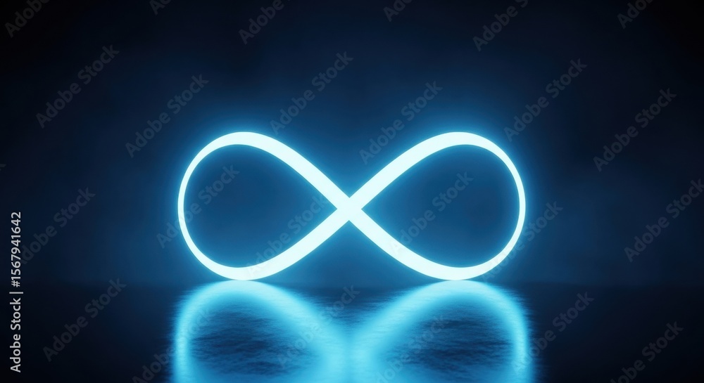 Poster infinite neon light symbol on reflective surface. abstract 3d shape for technology, futuristic desig