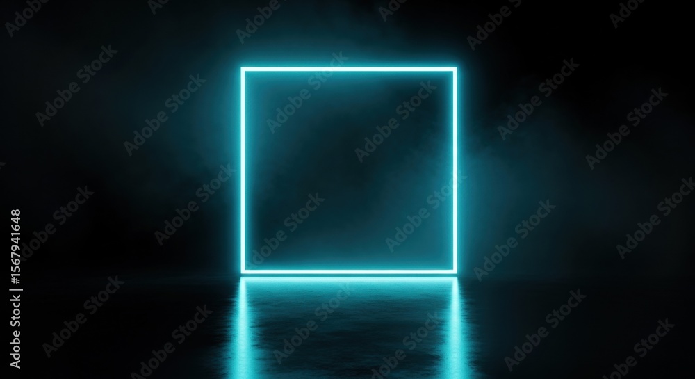 Poster bright turquoise neon square geometric shape on dark reflective surface. abstract glowing frame port