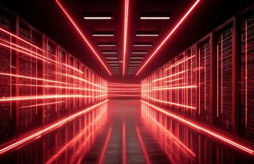 Fototapeta premium The server room is equipped with a modern data center, complete with rows of servers, black cabinets, and red glowing lights, all of which contribute to its advanced technology and digital