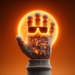 Futuristic hand with circuit patterns under sun.